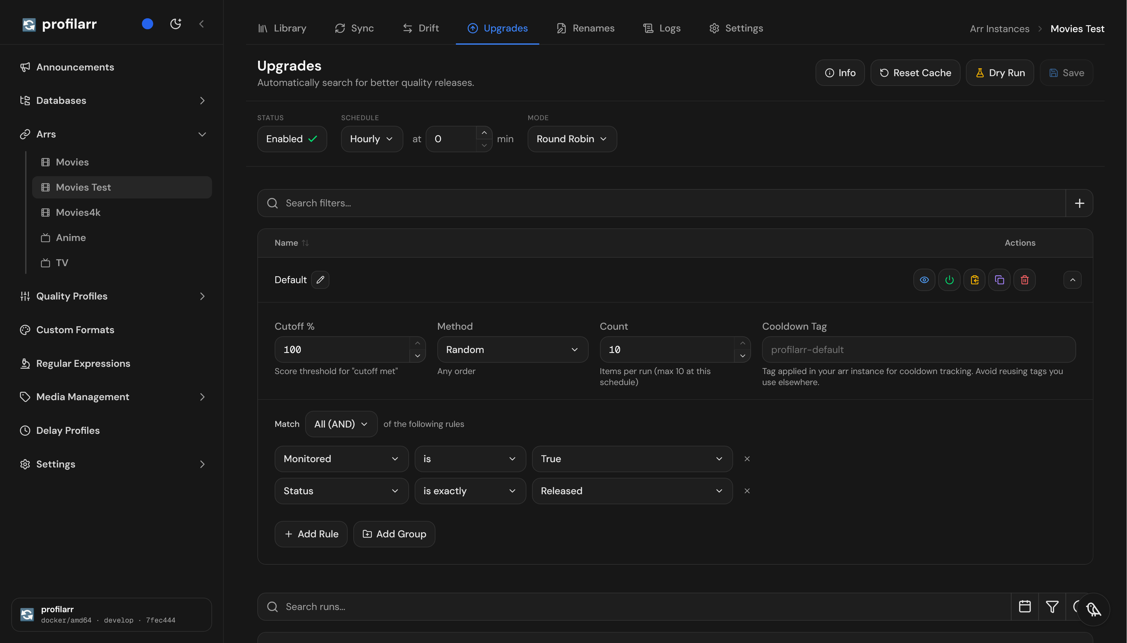 Profilarr's Upgrades page with upgrades enabled hourly and a default filter selecting ten monitored, released movies at random